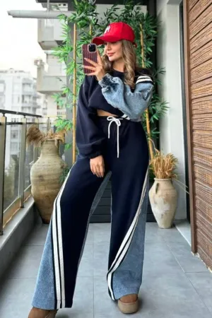 Navy Denim Fleece Pants Set