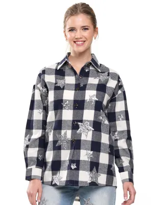 Navy/White Plaid and Sequin Star Flannel
