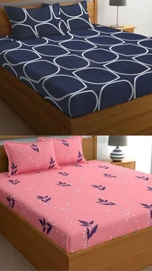 Neekshaa Combo Pack of 2 Super Soft Elastic Fitted Glace Cotton Double Bedsheets with 4 Pillow Covers Size-72x72 8 inches, Multicolor (Model no.-57)