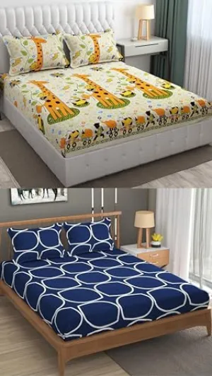 Neekshaa Combo Pack of 2 Super Soft Elastic Fitted Glace Cotton Double Bedsheets with 4 Pillow Covers_Size-72 x 78   8 Inches, Multicolor (Model no.-5)