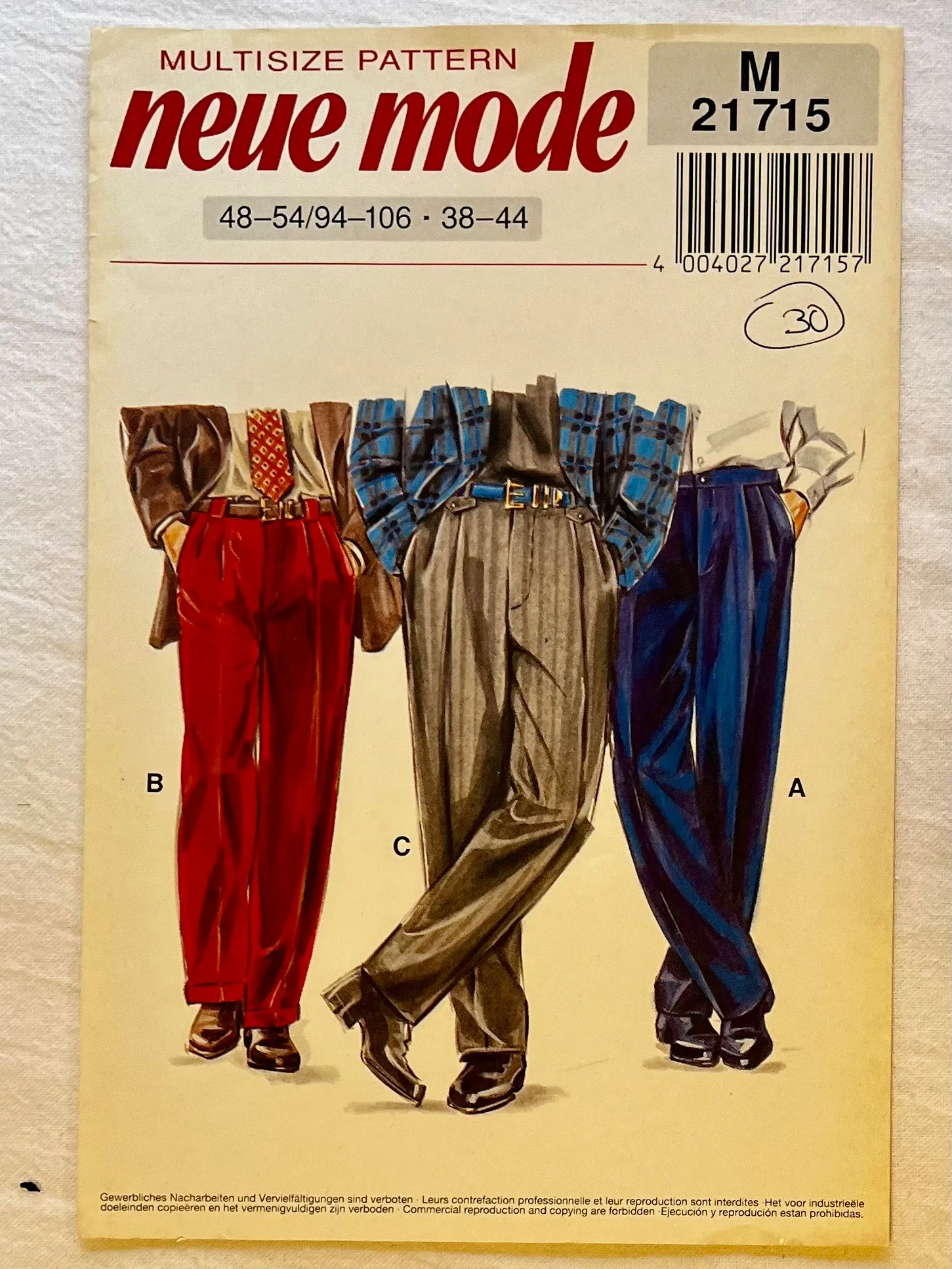 Neue Mode M21715 UNCUT Men's Wear Sizes 38-44