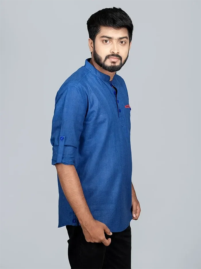 Nevy Blue Handwoven Organic Cotton Men Short Kurta