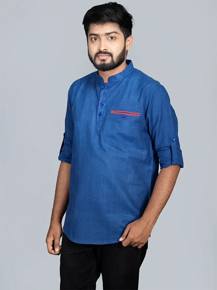 Nevy Blue Handwoven Organic Cotton Men Short Kurta