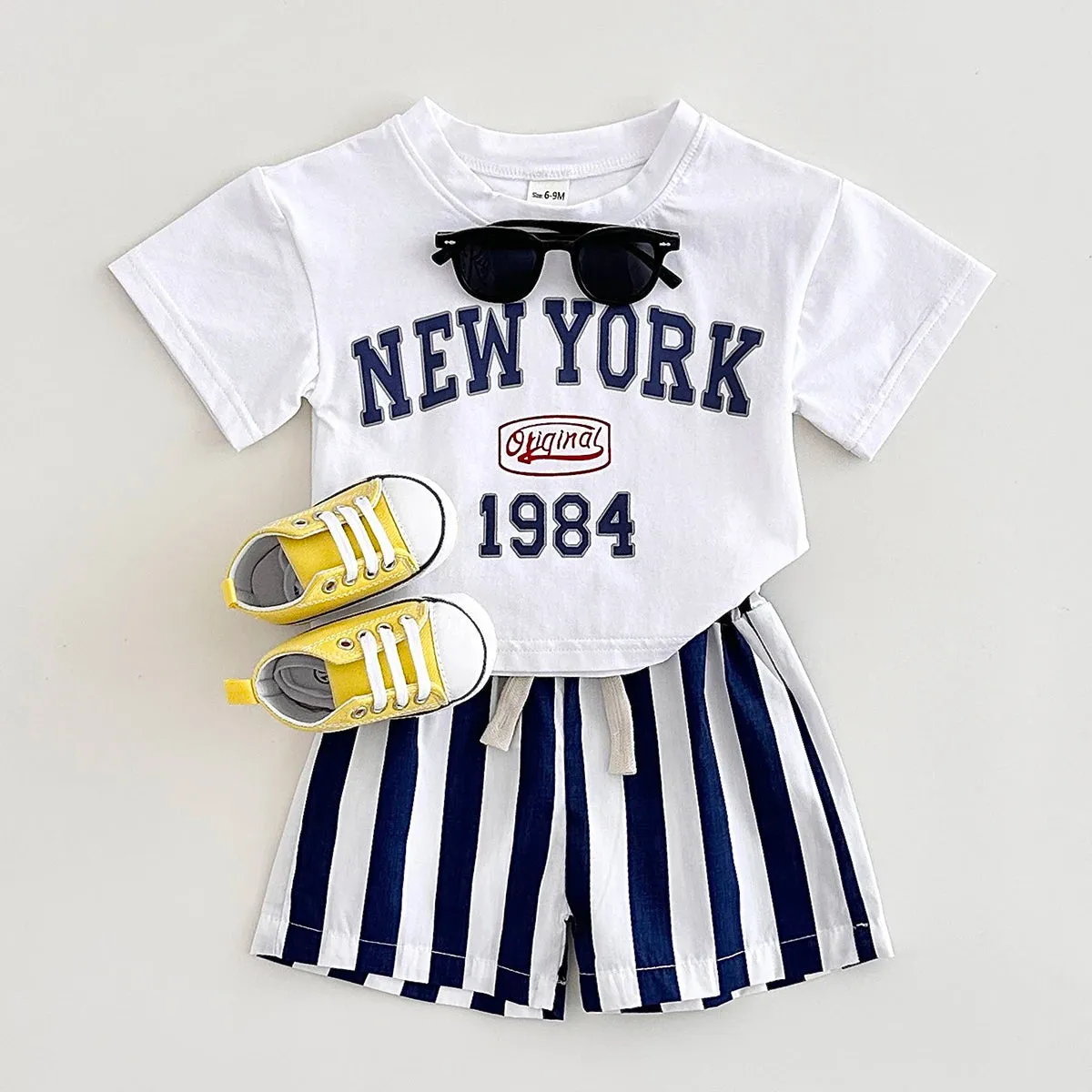 'NEW YORK' Casual Tee & Striped Shorts Set
