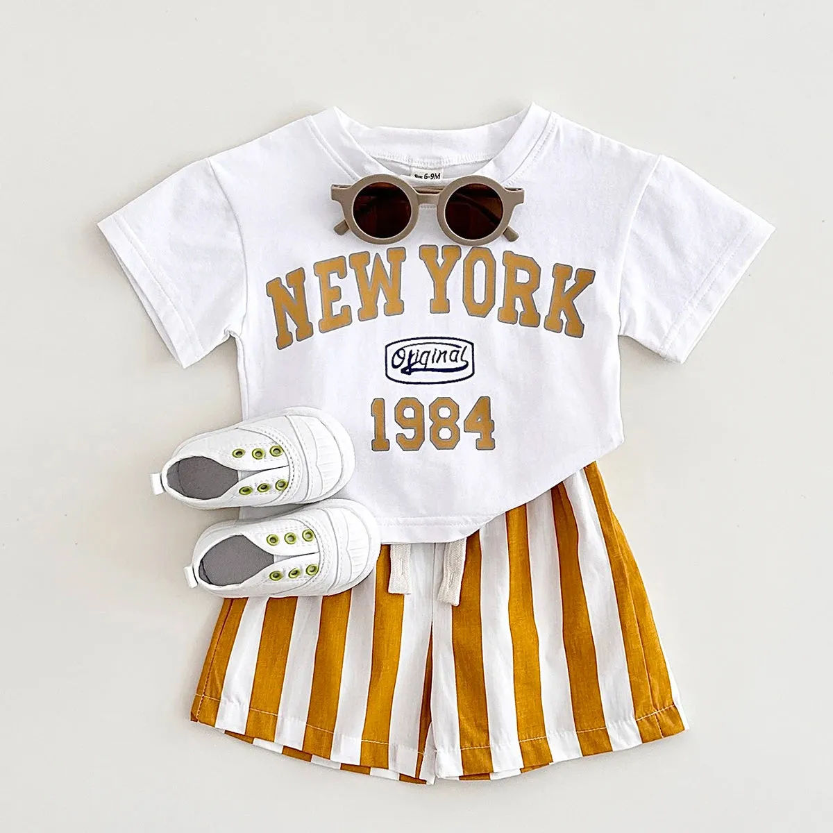 'NEW YORK' Casual Tee & Striped Shorts Set