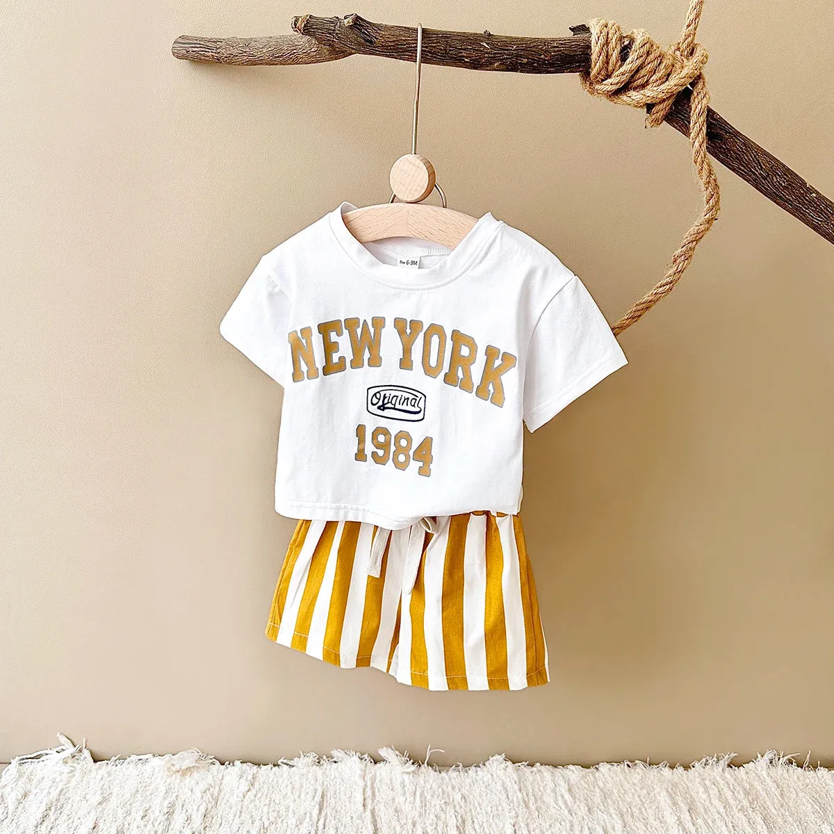 'NEW YORK' Casual Tee & Striped Shorts Set