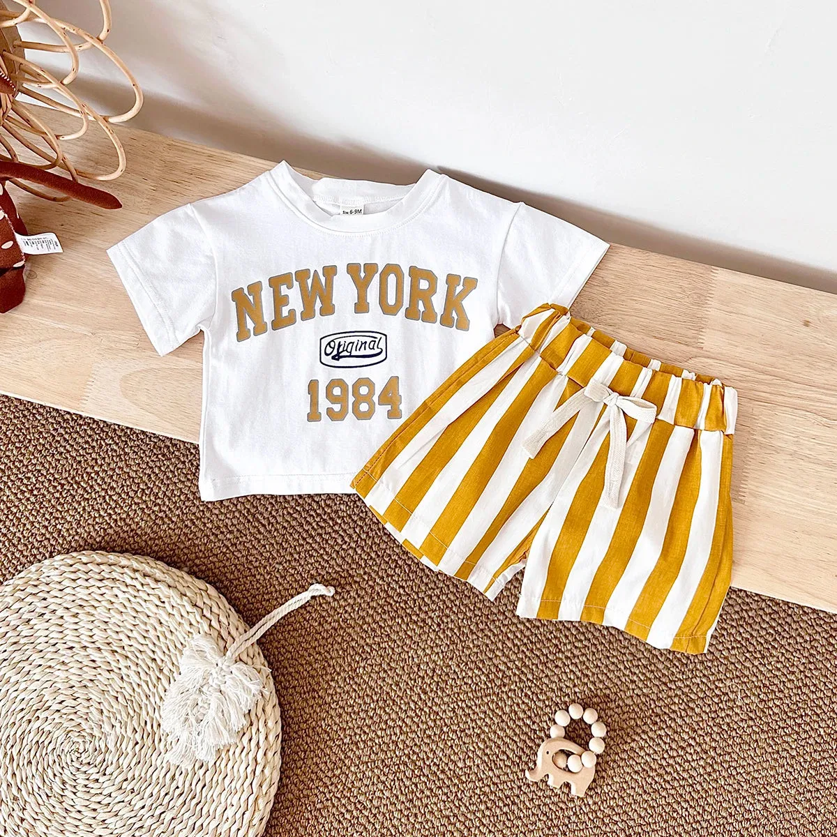 'NEW YORK' Casual Tee & Striped Shorts Set