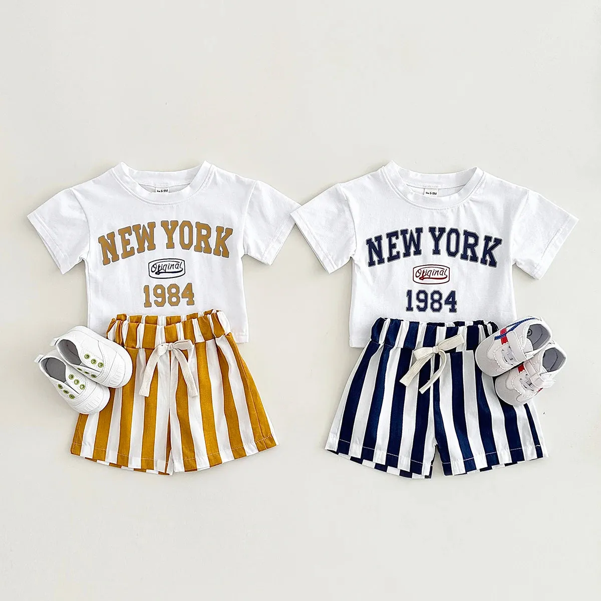 'NEW YORK' Casual Tee & Striped Shorts Set