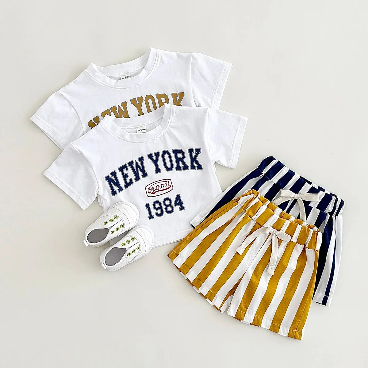 'NEW YORK' Casual Tee & Striped Shorts Set