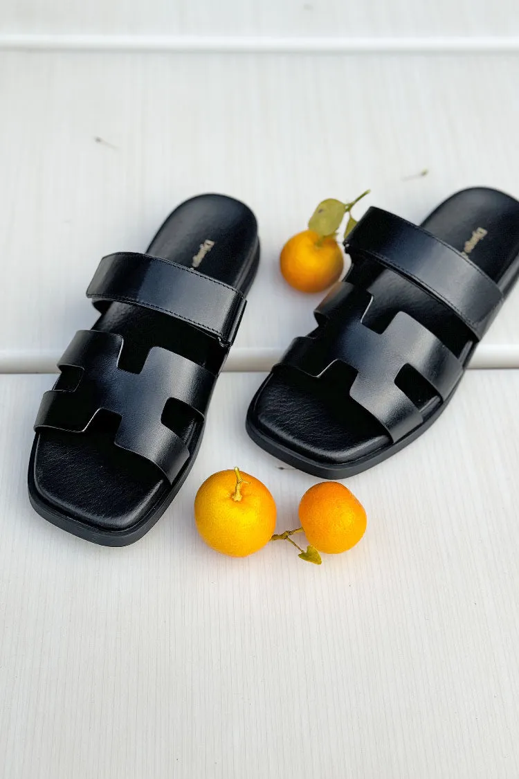 Nodette Black Leather Slides