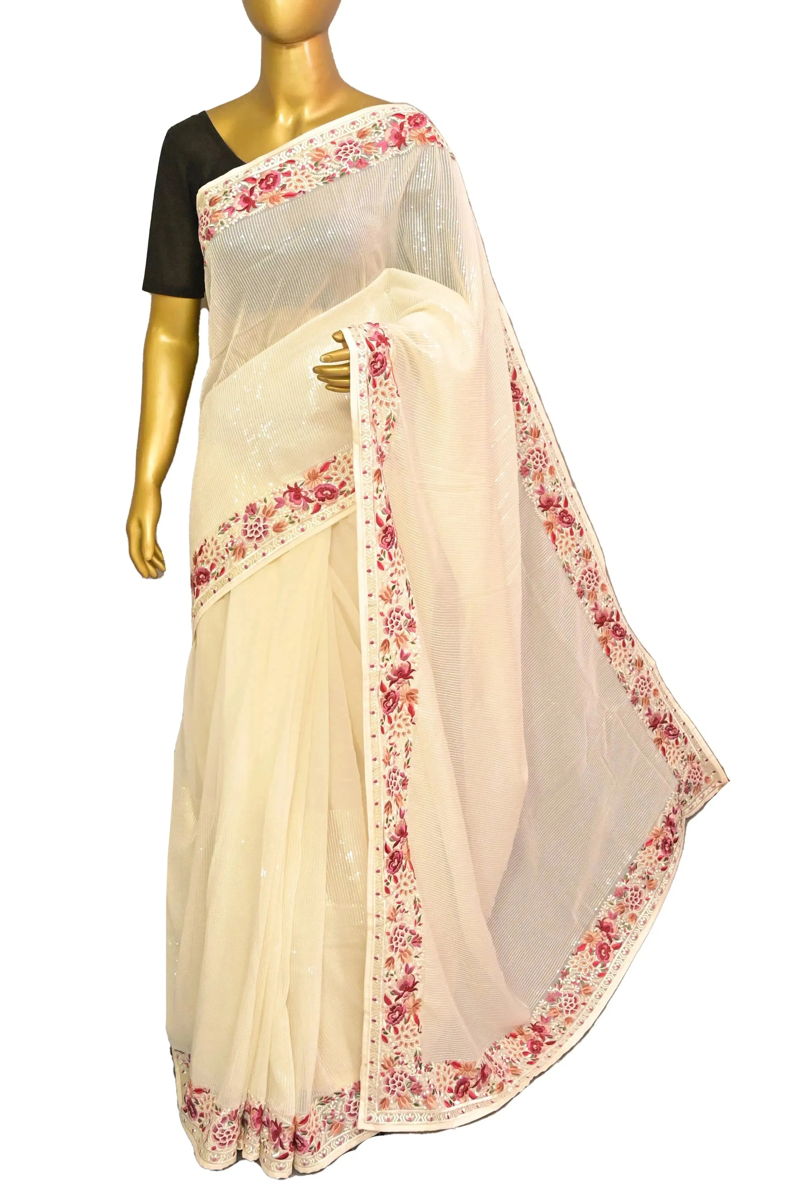 Off White Color Georgette Sequin Designer Saree with Parsi Embroidery