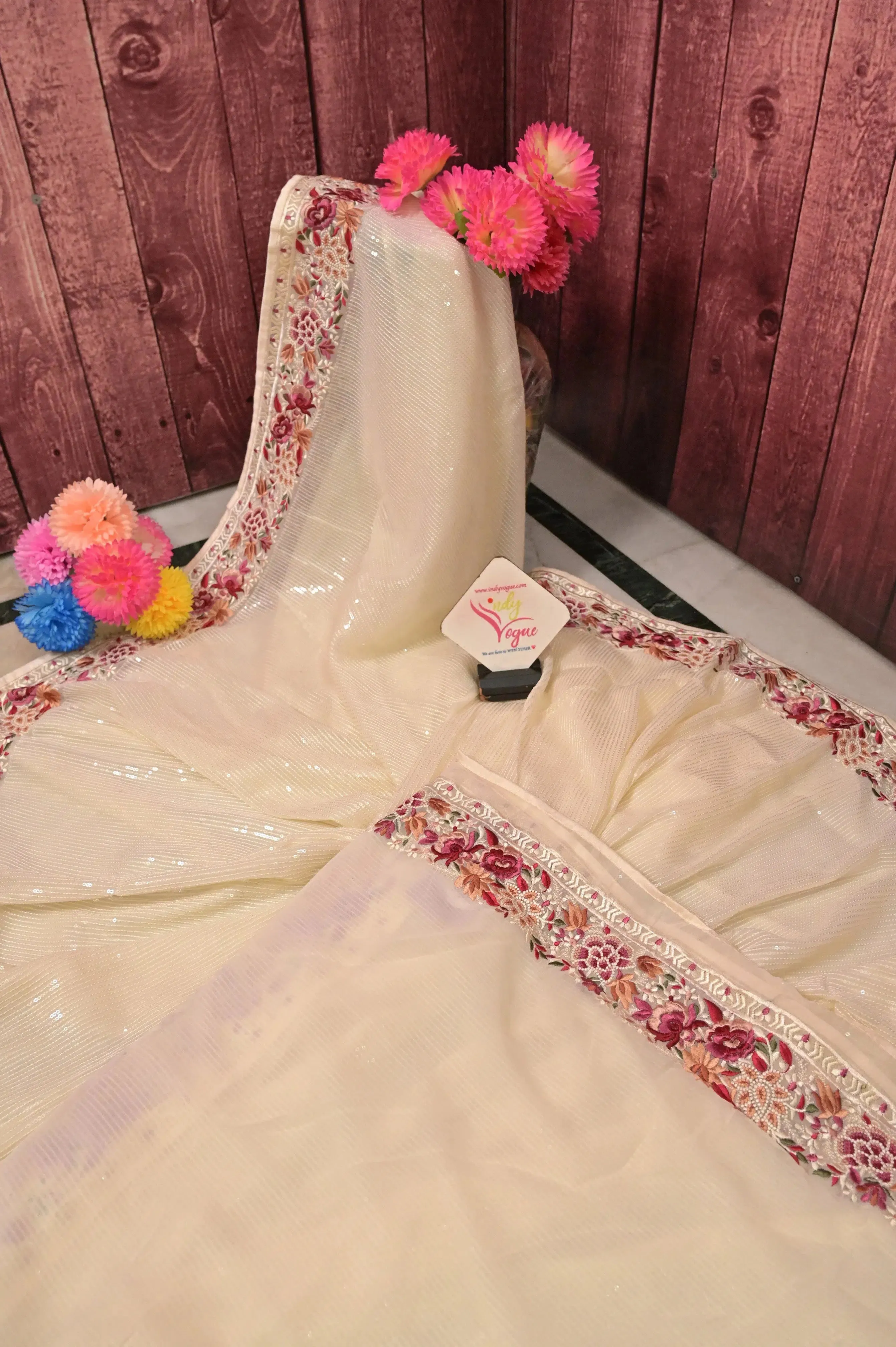 Off White Color Georgette Sequin Designer Saree with Parsi Embroidery