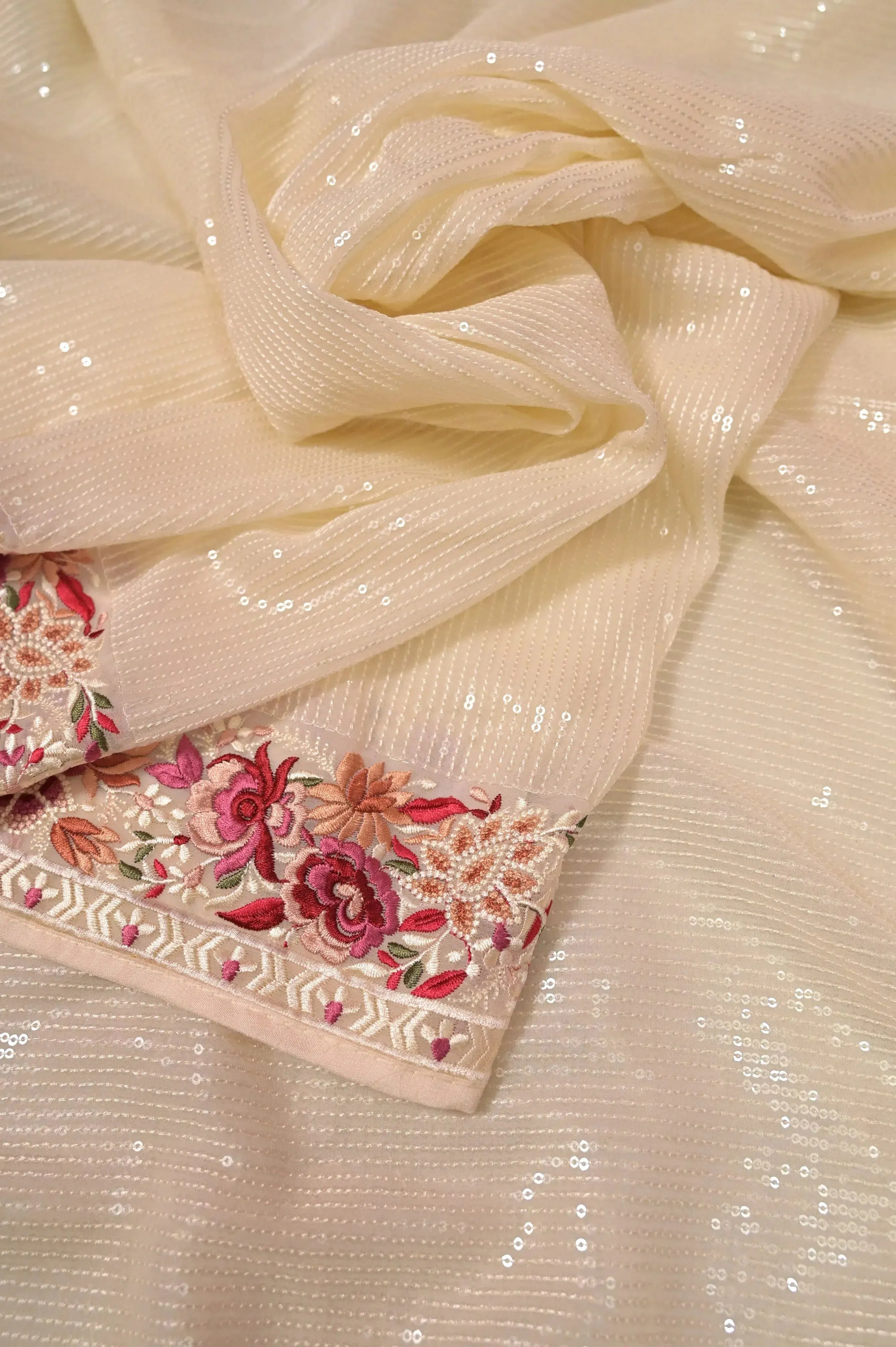 Off White Color Georgette Sequin Designer Saree with Parsi Embroidery