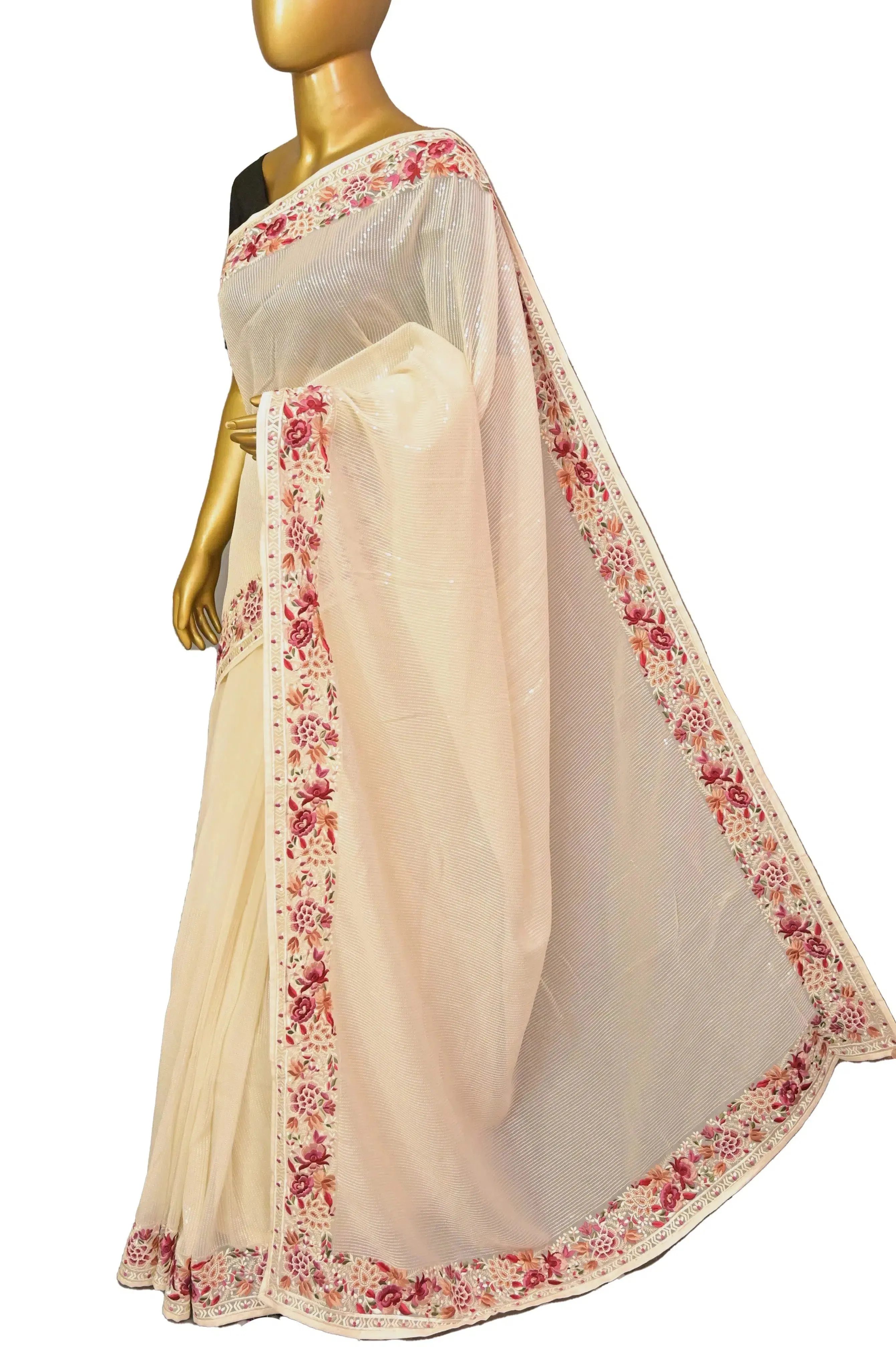 Off White Color Georgette Sequin Designer Saree with Parsi Embroidery