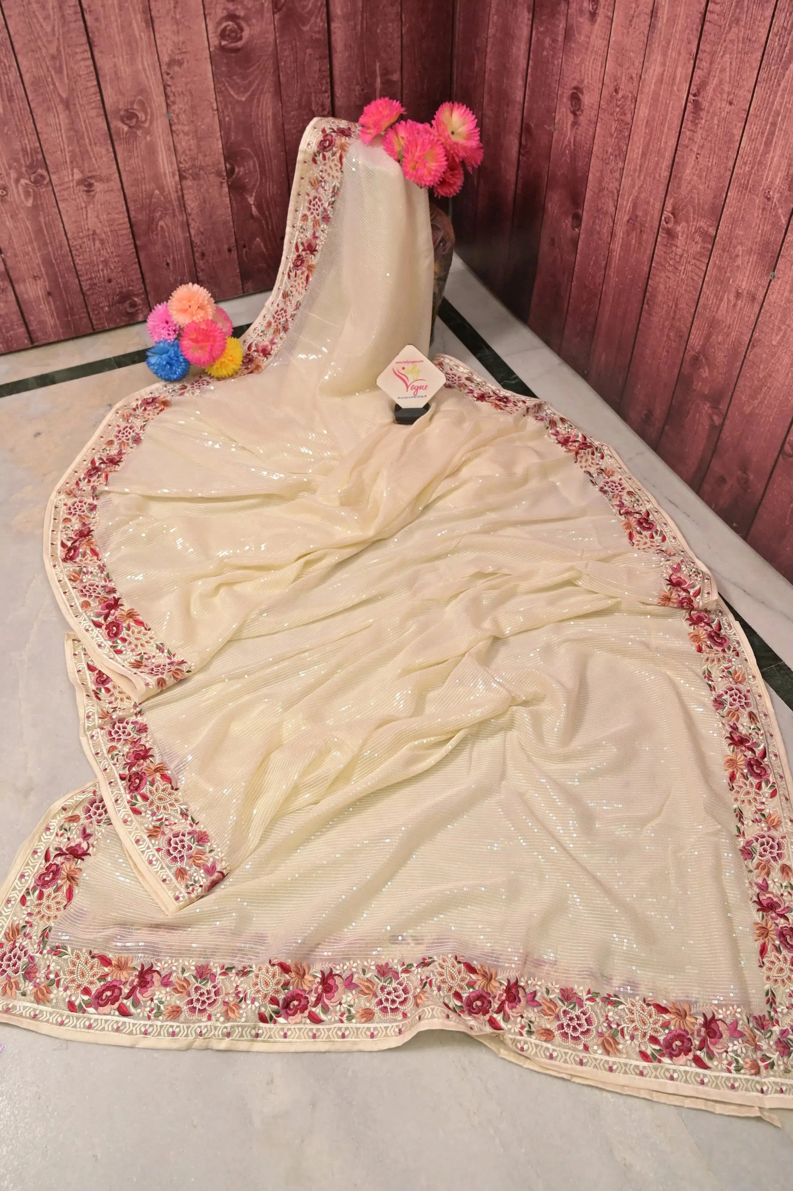 Off White Color Georgette Sequin Designer Saree with Parsi Embroidery