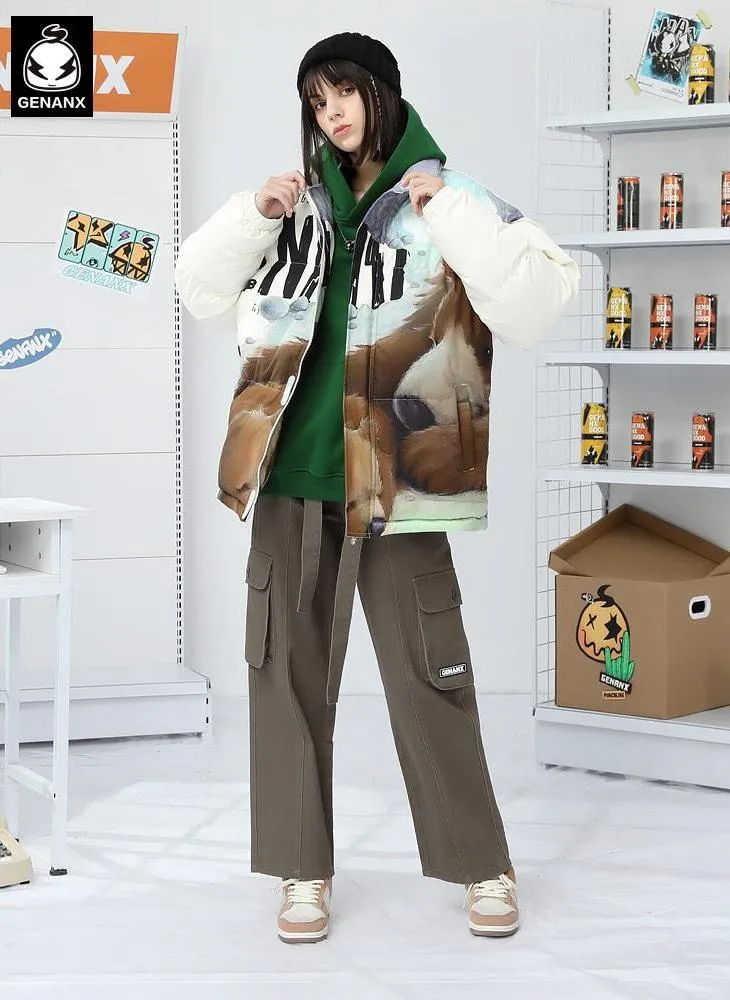 Oil Painting Bear Graffiti Padded Coat