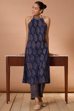 Okhai "Evening Lily" Hand Embroidered and Mirrorwork Handblock Printed Ajrakh Pure Cotton Kurta Pant Set