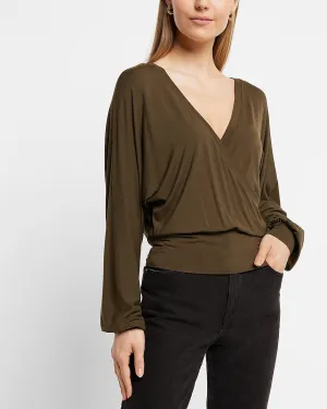 Open Back Faux Wrap Top in Olive Green