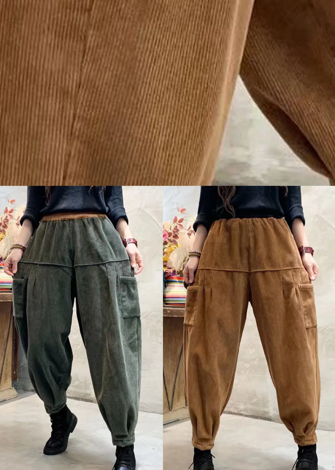 Organic Caramel Corduroy Pockets Warm Harem Winter Pants