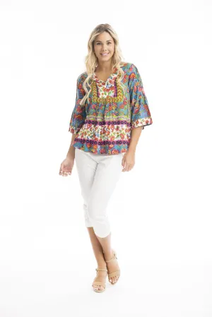 Orientique - Carvalho V Neck Placket Top-Print