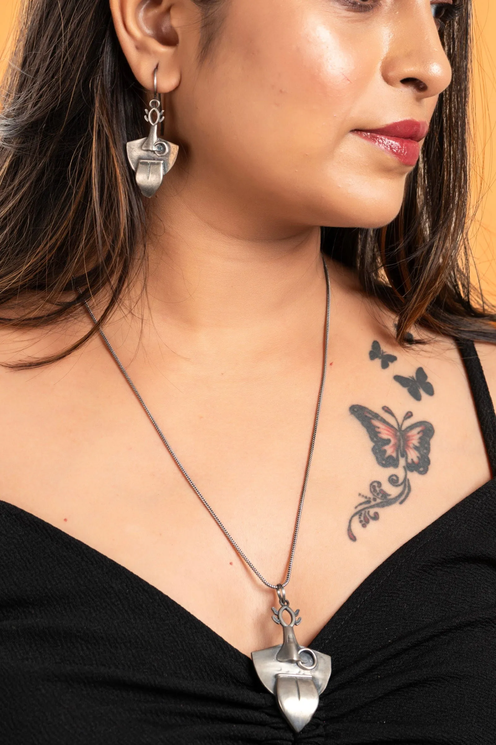 Oxidised Silver Maa Kali Necklace Set With Matching Earrings - Elegant Jewelry