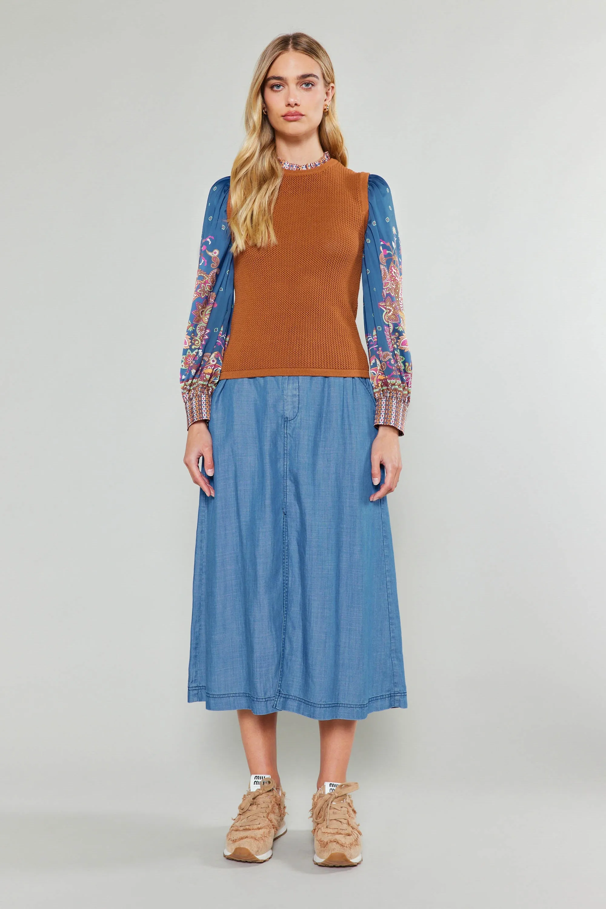 Paisley Contrast Sleeve Knit Top