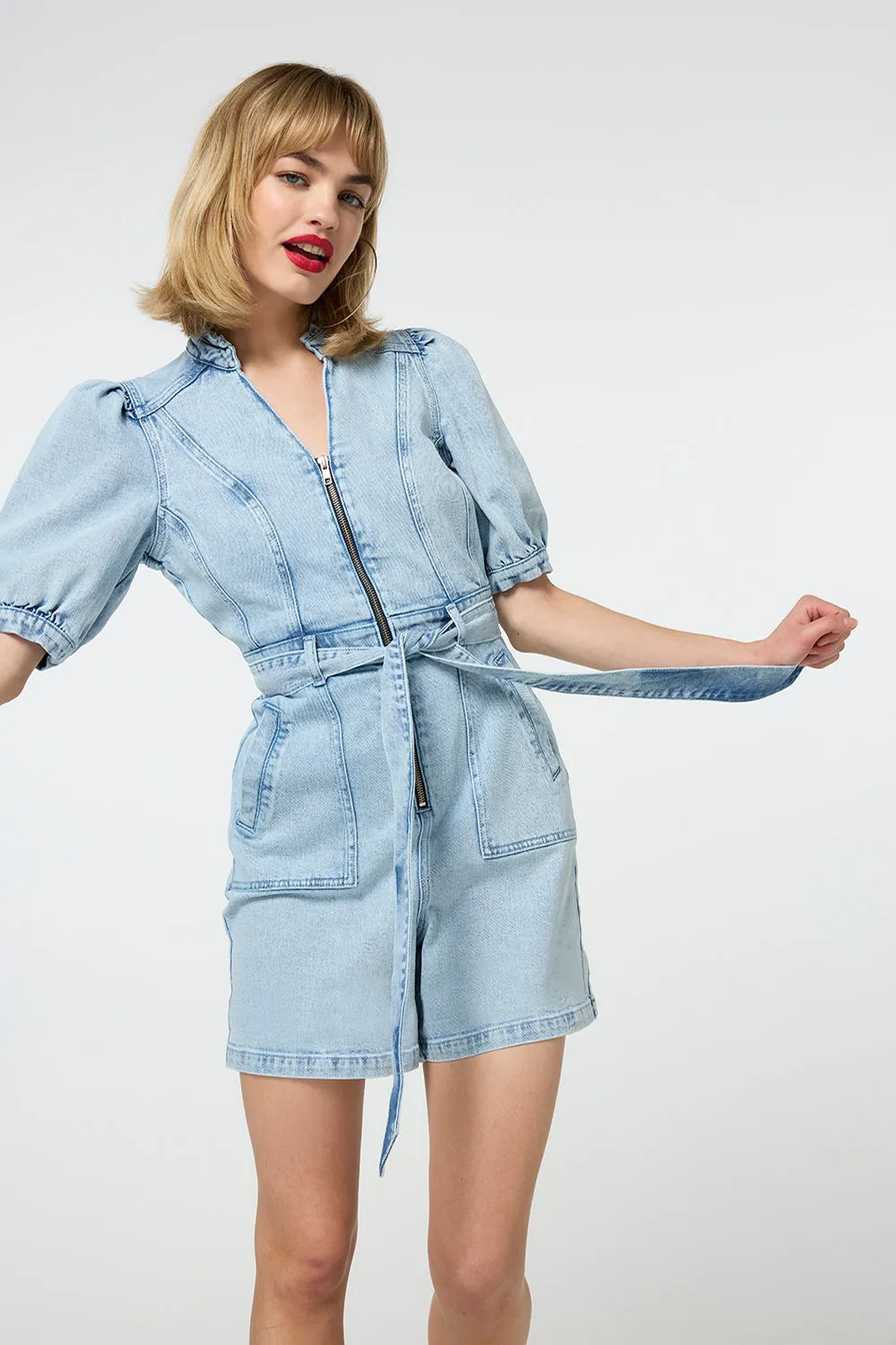 Pale Indigo Zip Detail Denim Playsuit