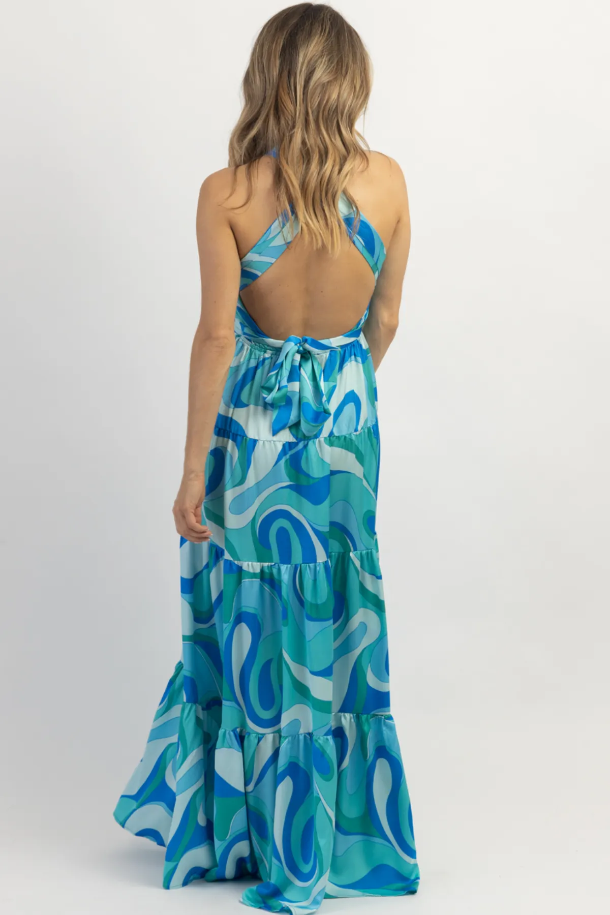 PARADISO MULTIBLUE HALTER MAXI DRESS