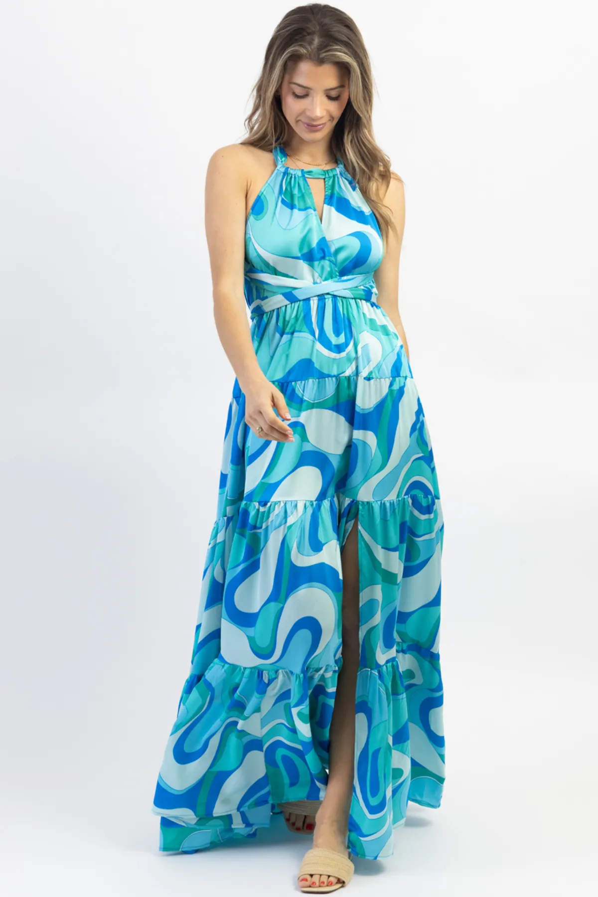PARADISO MULTIBLUE HALTER MAXI DRESS