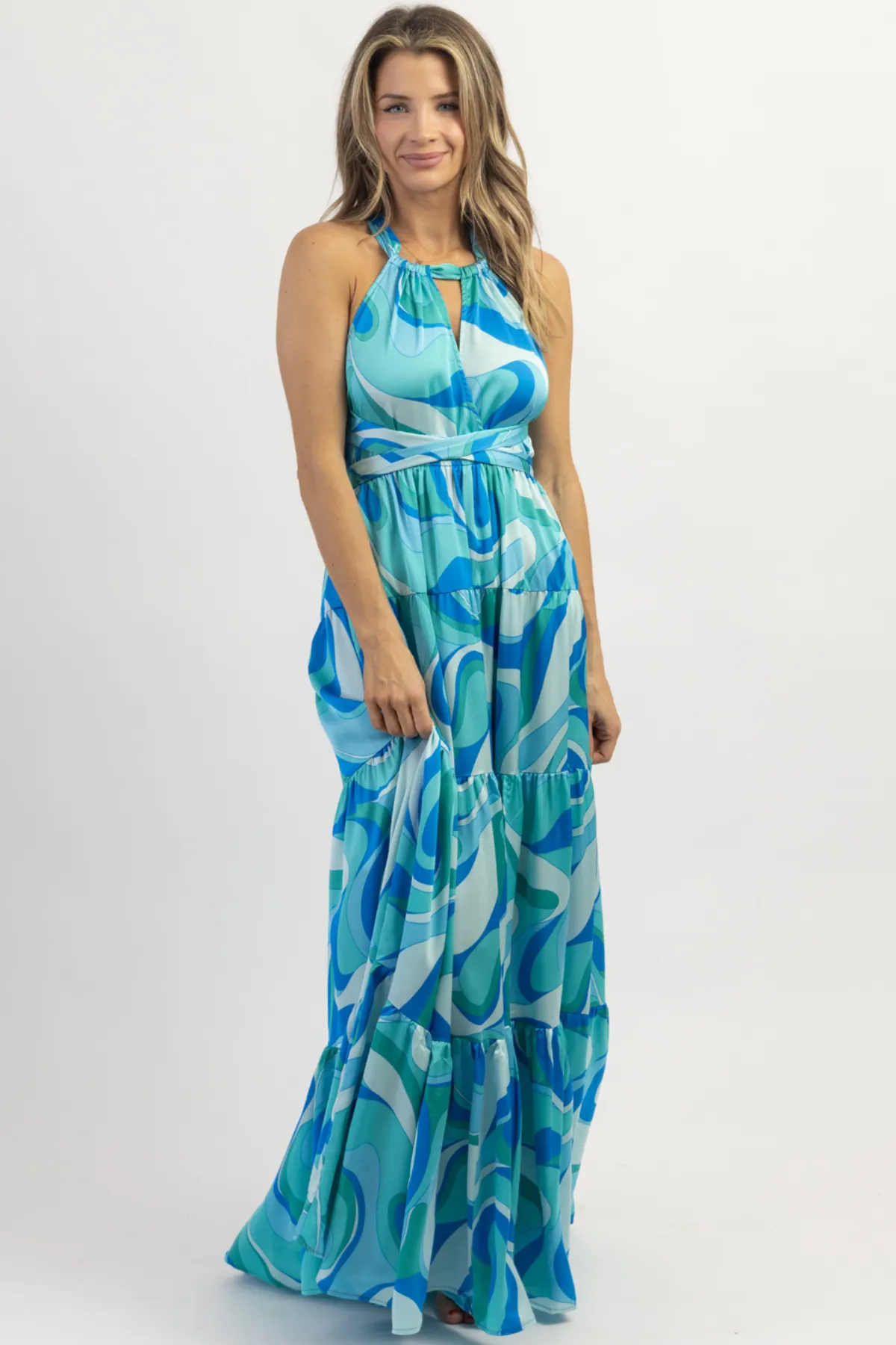 PARADISO MULTIBLUE HALTER MAXI DRESS