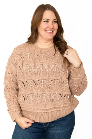 Patterned Pearl Trim Sweater - Light Mocha