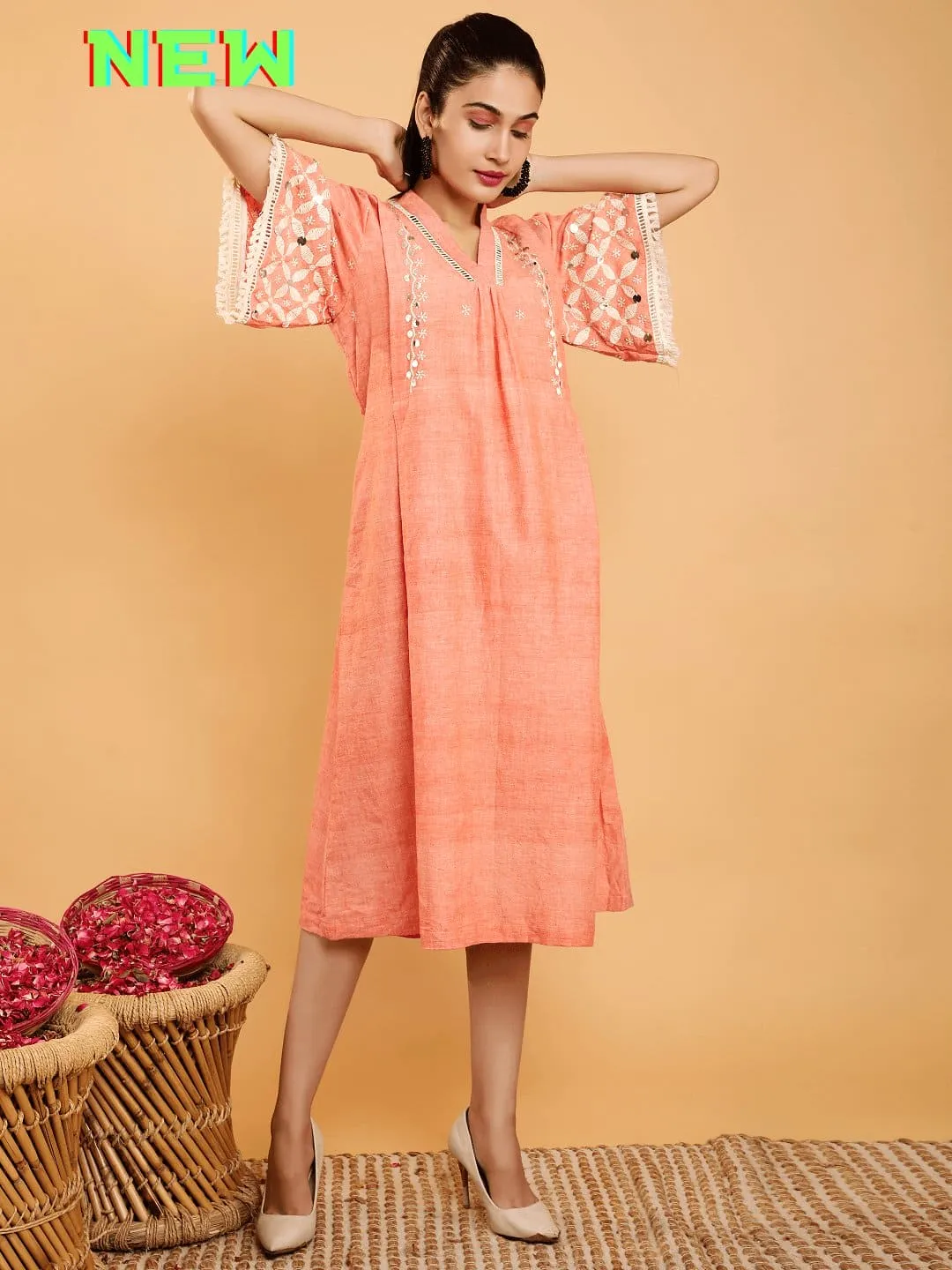 Peach Boho Chikankari Cotton Dress
