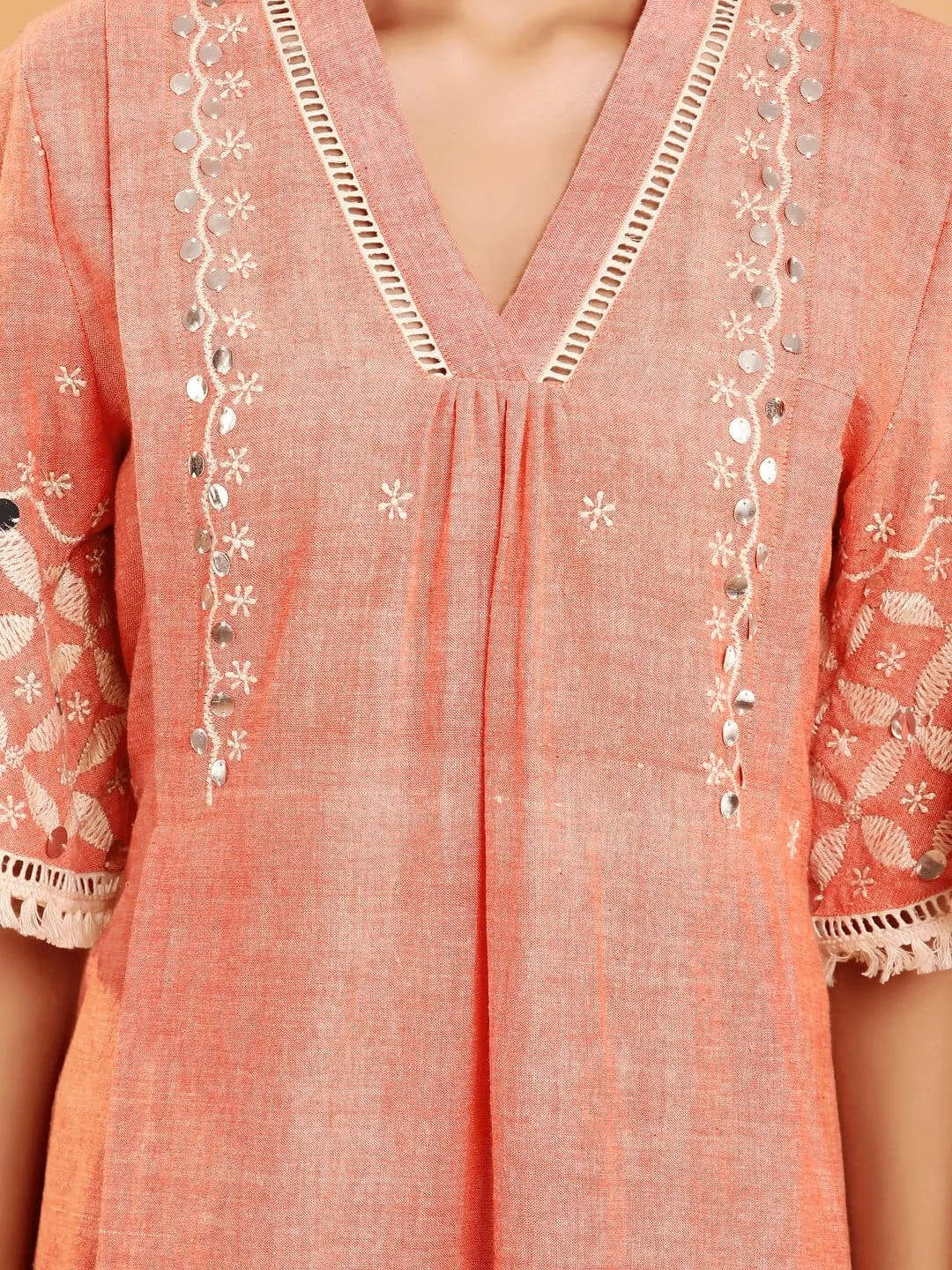 Peach Boho Chikankari Cotton Dress