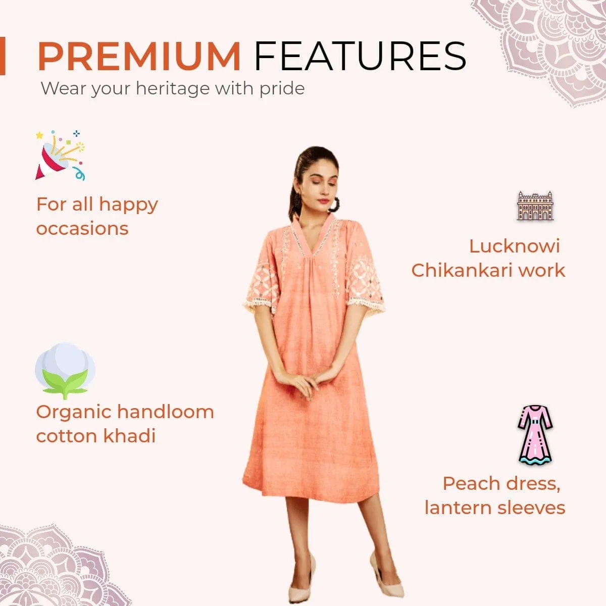Peach Boho Chikankari Cotton Dress
