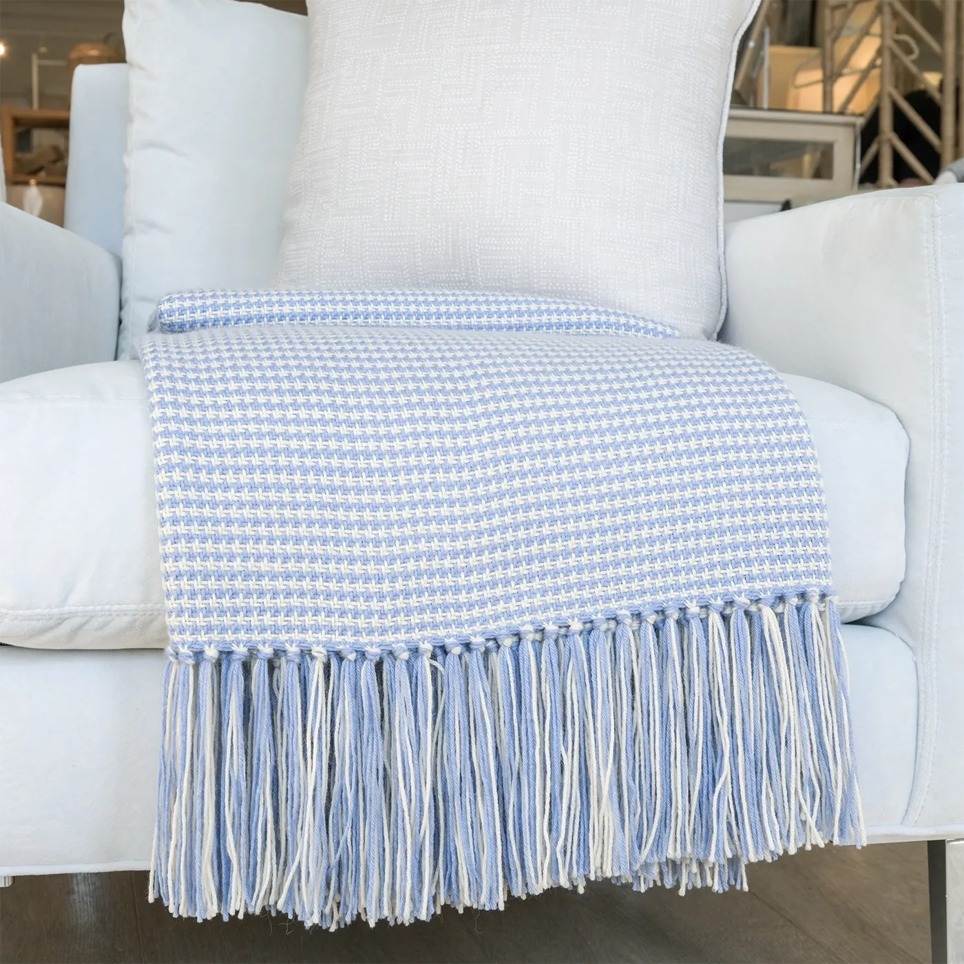 Periwinkle Blue Houndstooth Handwoven Alpaca Throw