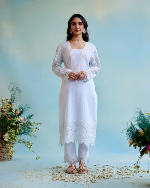 Periwinkle Blue Kurta in Cotton Dobby with Lace Detaling and Scallop Sleeves 
with Narrow Pants
