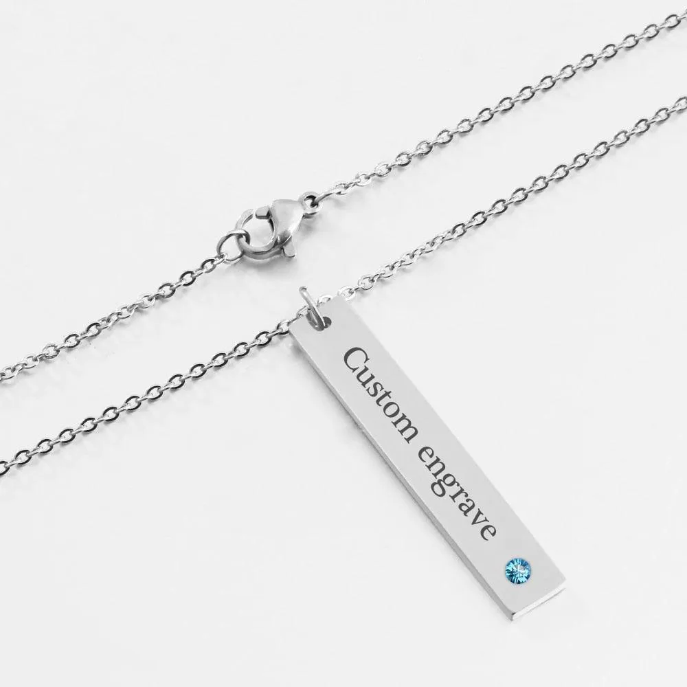 Personalized Stainless Steel Necklace with Engrave Name Bar & Birthstone Pendant