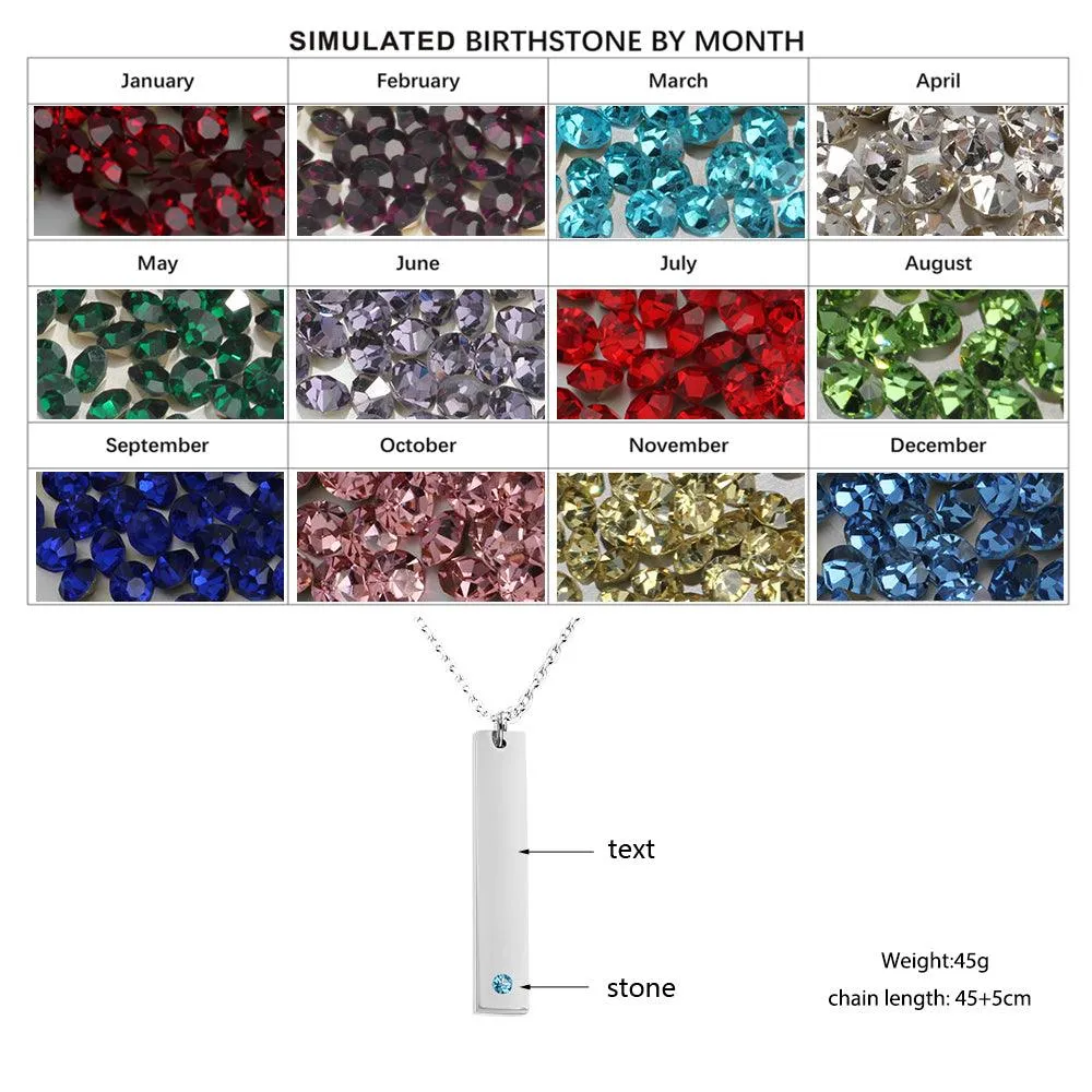 Personalized Stainless Steel Necklace with Engrave Name Bar & Birthstone Pendant