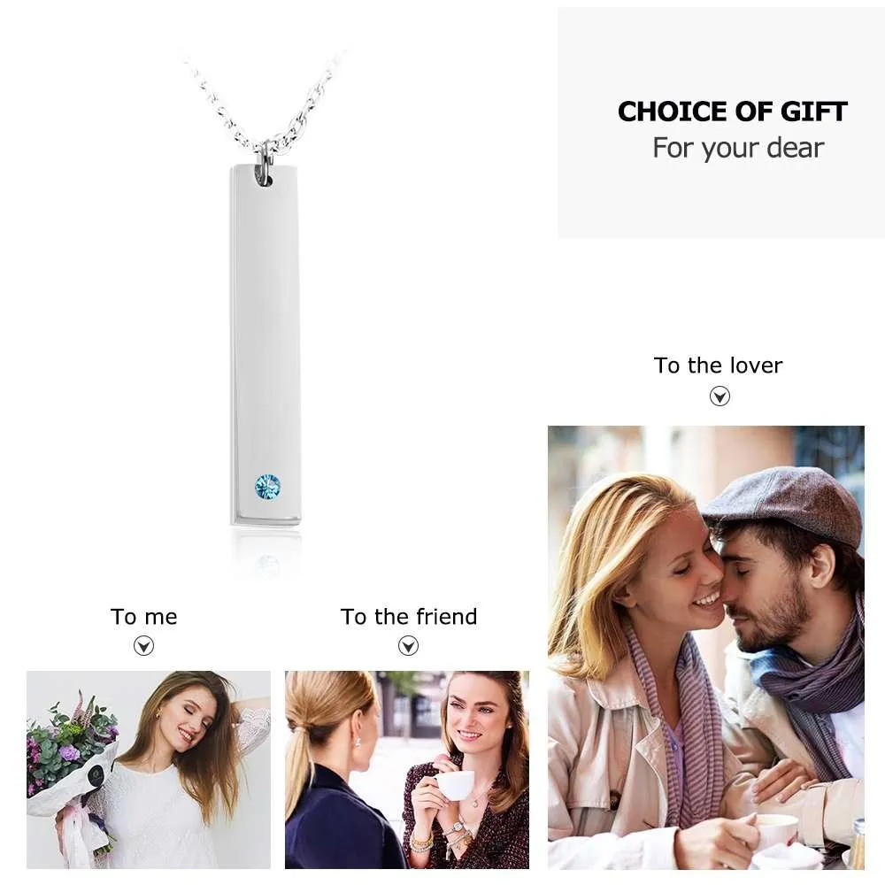 Personalized Stainless Steel Necklace with Engrave Name Bar & Birthstone Pendant