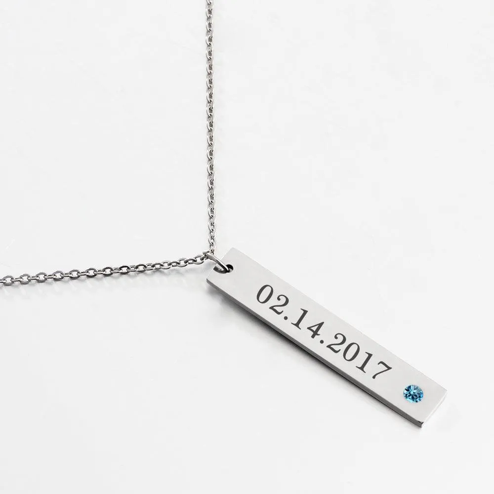 Personalized Stainless Steel Necklace with Engrave Name Bar & Birthstone Pendant