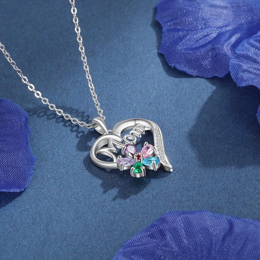 Personalized Women’s Copper Necklace with Customize Mom Heart-Shaped Flower Pendant, Add up to 5 Birthstones, Classic Fashion Jewelry for Mother