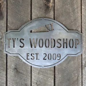 Personalized Woodshop Metal Sign - Vintage Workshop Decor - Man Cave Garage Wall Art