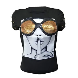 PESION Womens Short Sleeve T-Shirt Sequined Tops O-Neck Funny Graphic Tees Blouse, Black1 Large