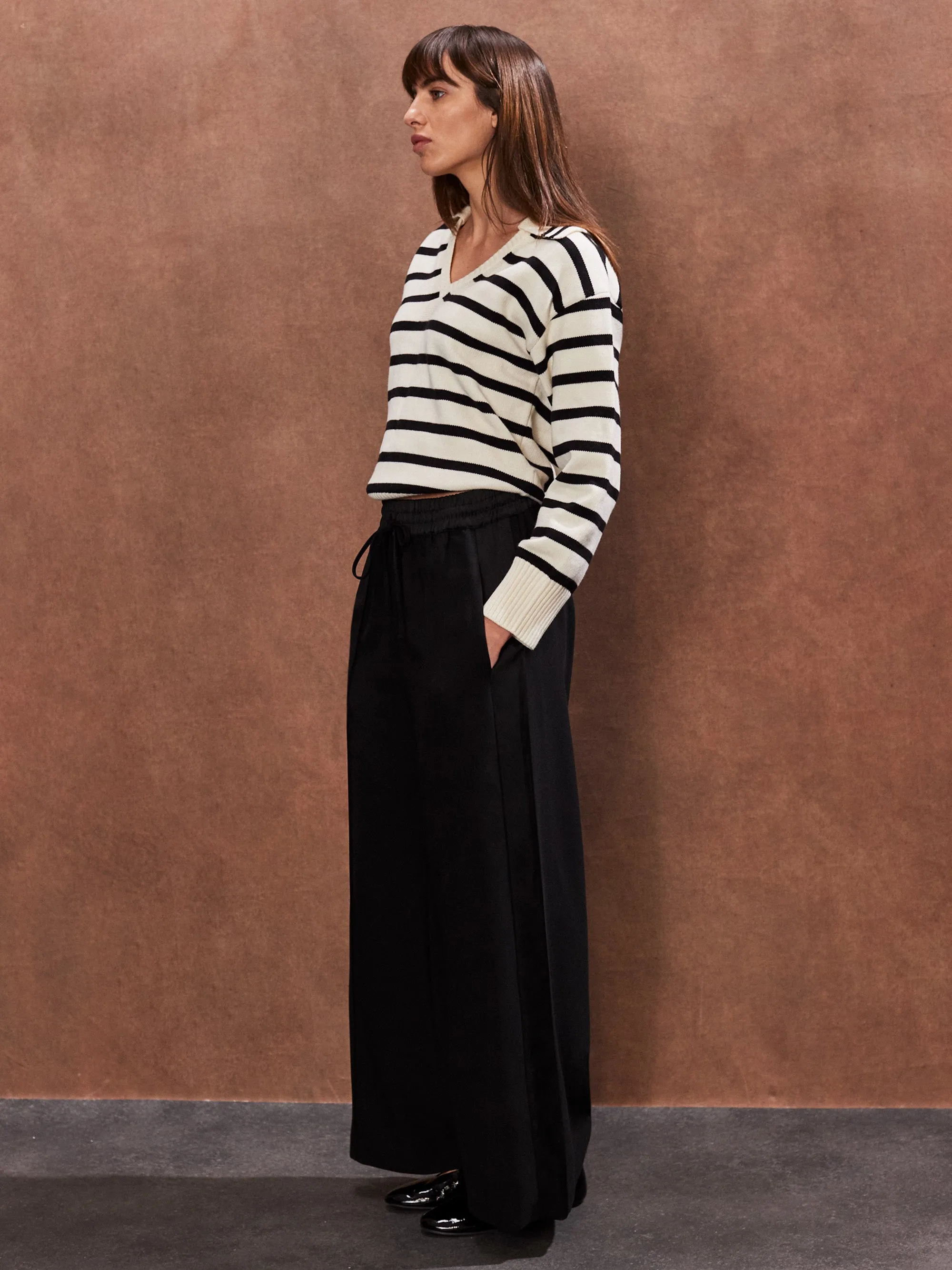 Petite Black Satin Side Stripe Trousers