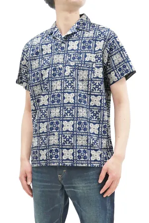 Pherrow's Shirt Men's Short Sleeve Hawaiian Pattern Print Indigo Casual Resort Collar Shirt Pherrows 22S-PIS1