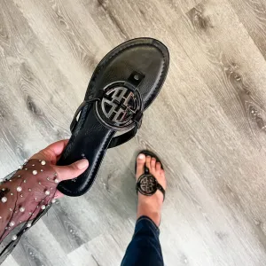 Pierre Dumas Designer Inspired Sandal (Black with Pewter Design)