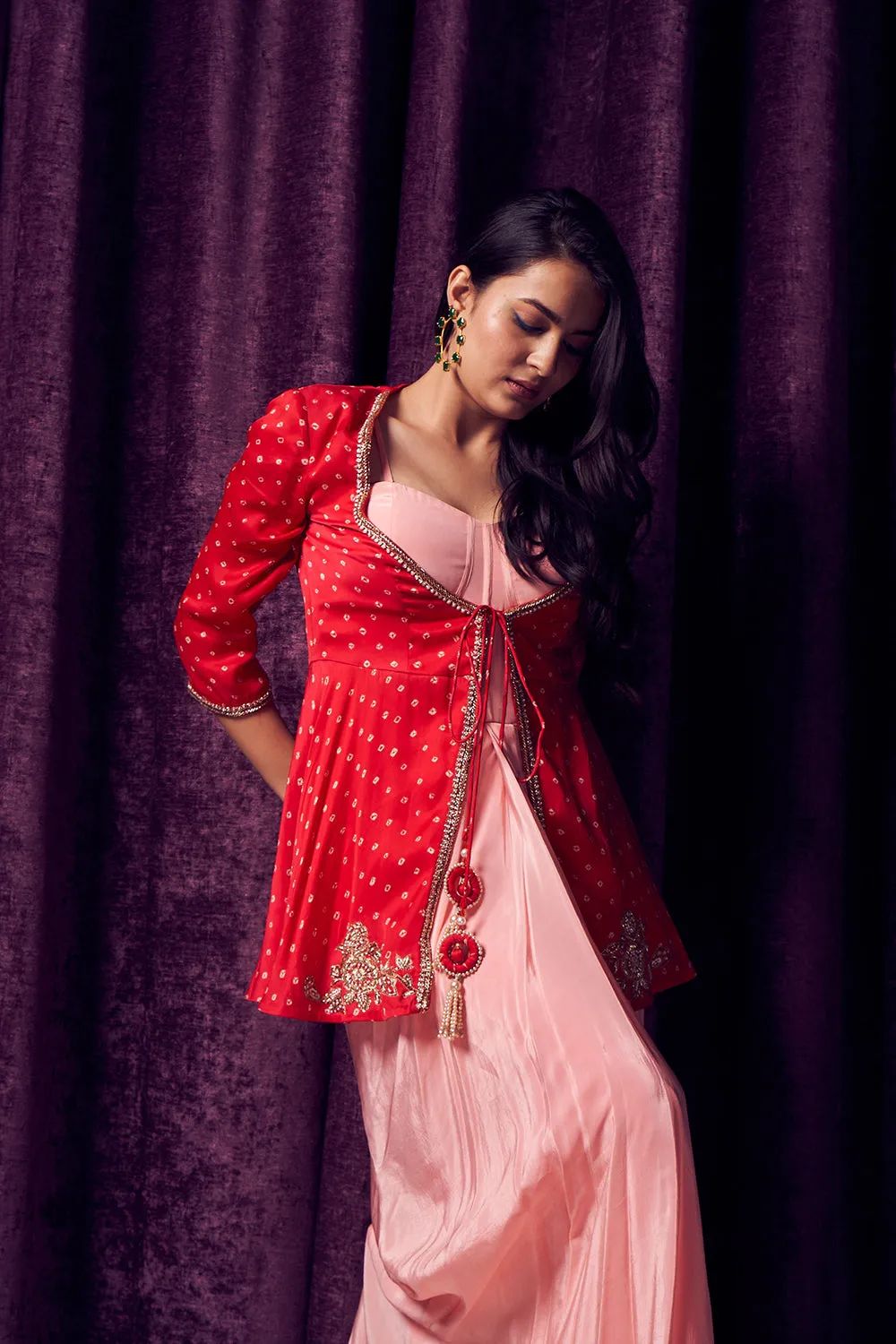 Pink & Red Bhandhani Jacket Gown