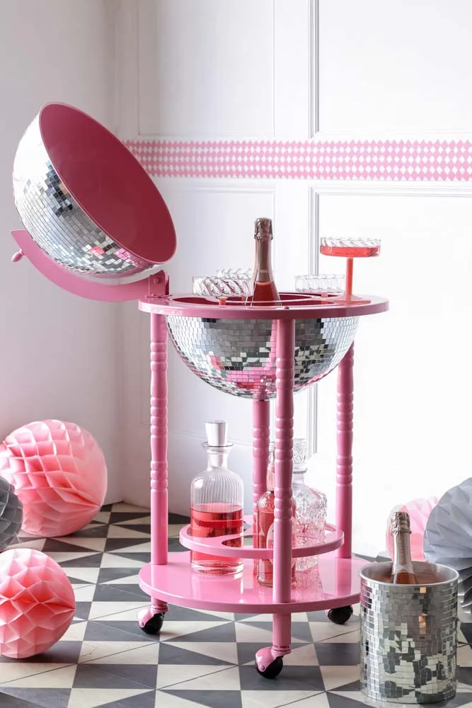 Pink & Silver Disco Ball Drinks Trolley Cart