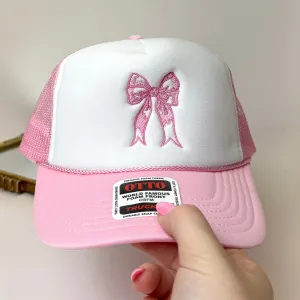 Pink Bow Foam Trucker Hat in Light Pink and White