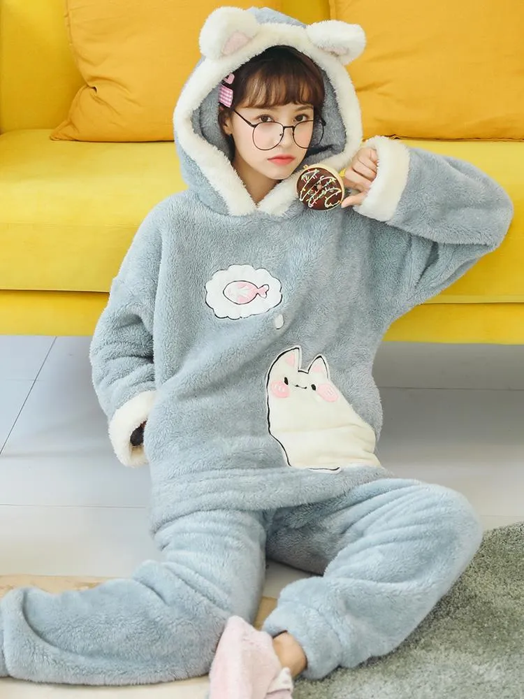 PINK CAT CUTE CORAL FLEECE THICKENED HOODED CARTOON CLOTHES